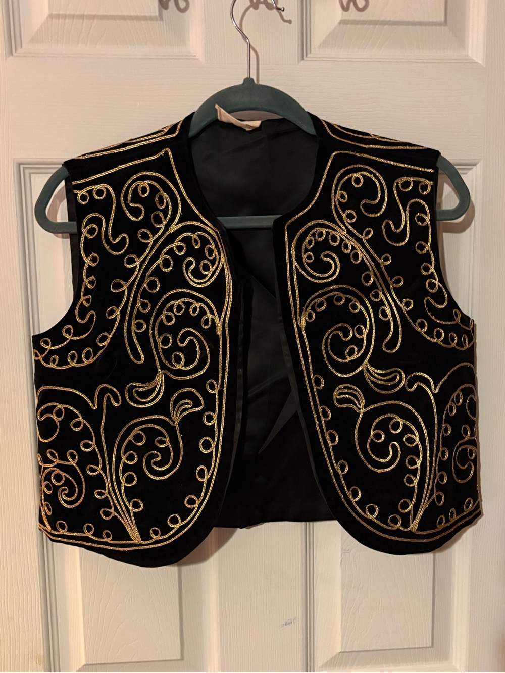 Vintage Black Embroidered Velvet Vest with Gold Scrollwork